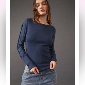 Free People We The Free Daisy Ribbed Braided Cotton Navy Long Sleeve Shirt